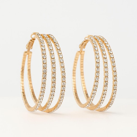 Crystal Triple Hoop Earrings: Lightweight Gold-Tone Statement Jewelry