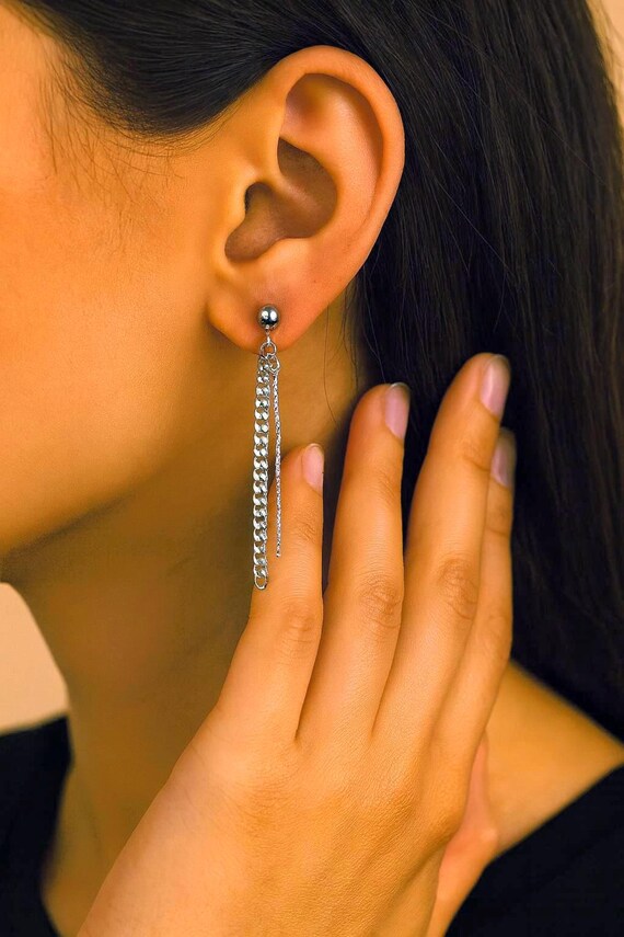 Silver Chain Drop Earrings: Long Dangle Statement Earrings, Rhinestone Accent Jewelry for Women