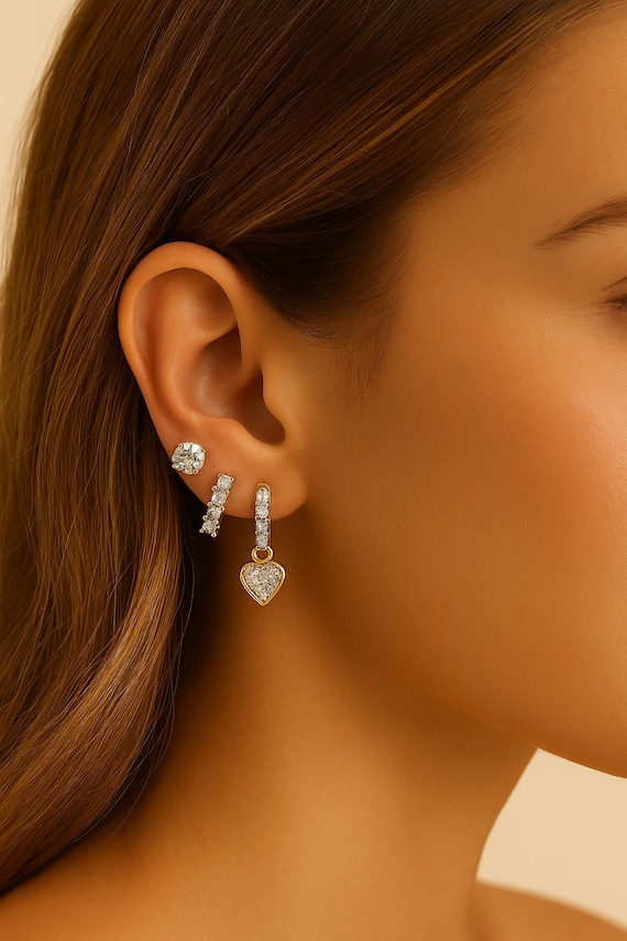 Gold Crystal Earring Set: Heart, Hoop & Stud - Handmade Jewelry