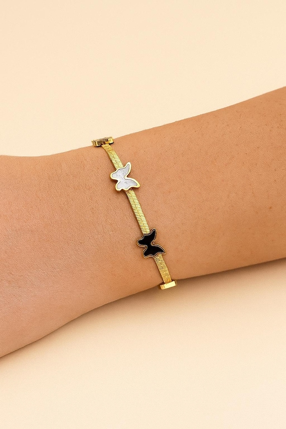 Handmade Gold Butterfly Bracelet, Onyx Turkish Jewelry, Valentines Day Gift for Her, Romantic Jewelry Gift, Trendy Minimal Jewelry
