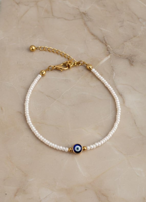 Evil Eye Bracelet for Women, Minimalist Tiny Seed Bead Bracelet, Protection Jewelry Gift, Dainty Gold Nazar Bracelet, Lucky Charm Bracelet