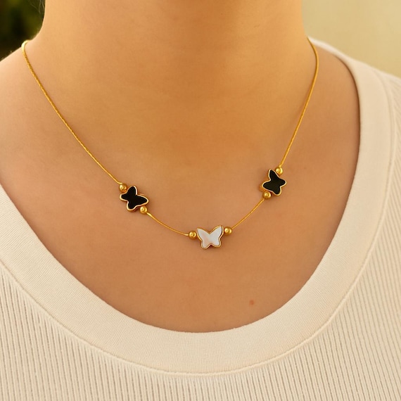 Handmade Onyx Butterfly Necklace, Gold Pendant Necklace for Women, Minimal Everyday Jewelry, Romantic Gift Idea, Valentines Day Gift for Her