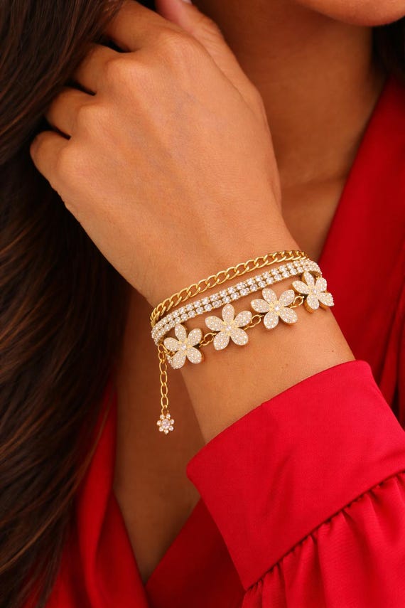 Gold Flower Crystal Bracelet Set, Valentines Day Jewelry, Rhinestone Floral Bracelet, Gold Chain Bracelet, Statement Jewelry Gift for Her