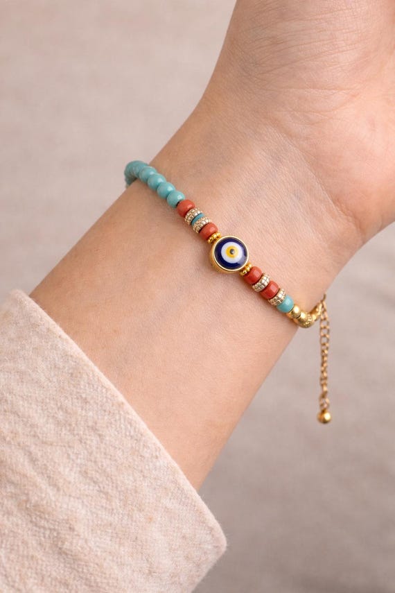 Evil Eye Bracelet | Handmade Turquoise Beaded Bracelet with Gold Details | Turkish Nazar Bracelet | Minimal Jewelry Gift for Her