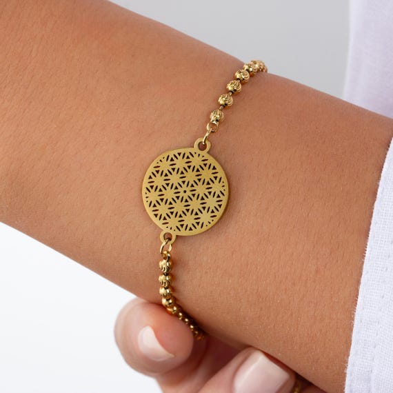 Gold Plated Flower of Life Bracelet, Handmade Minimalist Jewelry, Valentines Day Gift for Her, Romantic Jewelry Gift, Trendy Minimal Jewelry