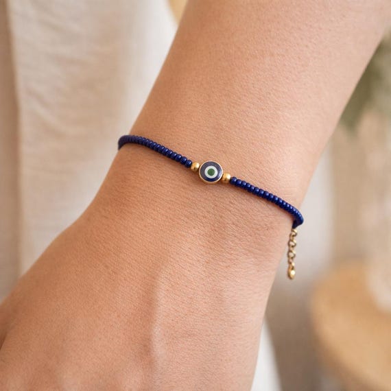 Evil Eye Bracelet for Women, Minimalist Tiny Seed Bead Bracelet, Protection Jewelry Gift, Dainty Gold Nazar Bracelet, Lucky Charm Bracelet