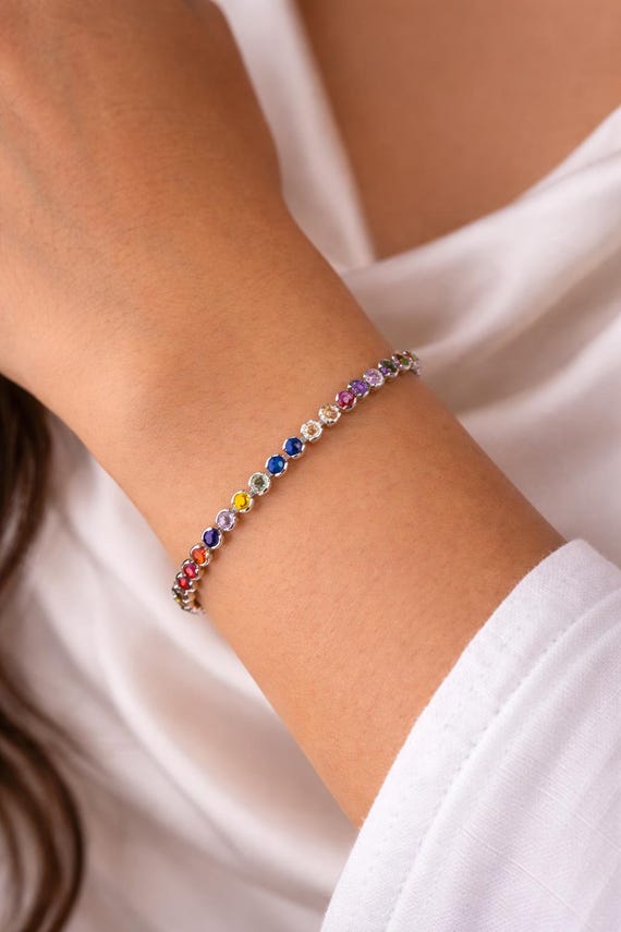 Handmade Rainbow Tennis Bracelet, Silver Plated Colorful Jewelry, Valentines Day Gift for Her, Romantic Jewelry Gift, Trendy Minimal Jewelry