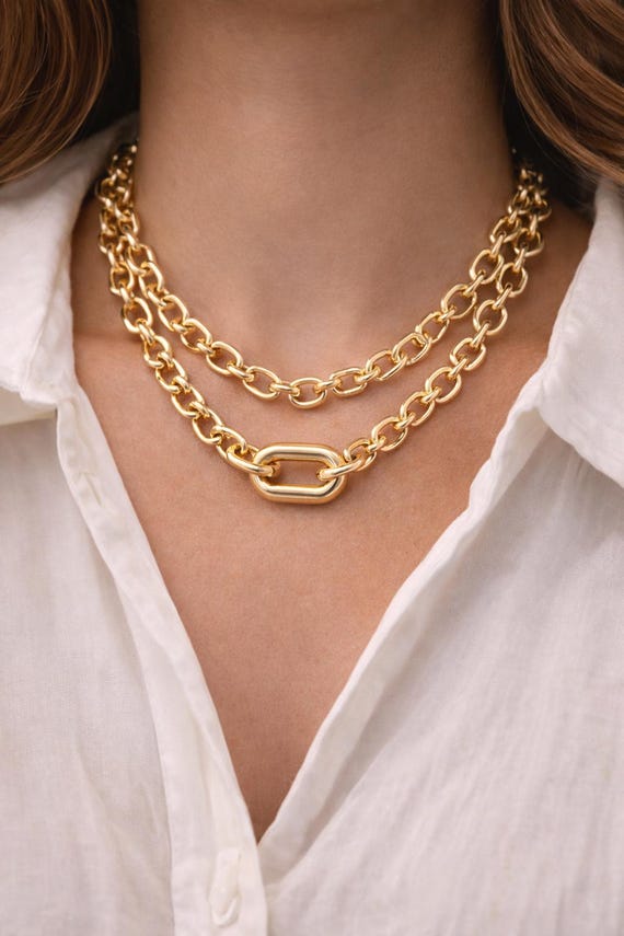 Gold Chunky Chain Necklace, Bold Layered Gold Chain Necklace with Carabiner Clasp, Statement Jewelry Gift for Her, Valentines Day Gift Ideas