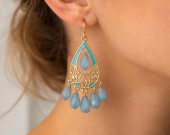 Blaue Kristall Teardrop Baumeln Ohrringe, Gold filigrane Boho Ohrringe, Vintage Style Statement Schmuck, elegantes Geschenk für sie