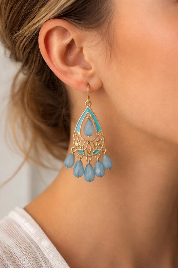 Blue Crystal Teardrop Dangle Earrings, Gold Filigree Boho Earrings, Vintage Style Statement Jewelry, Elegant Gift for Her