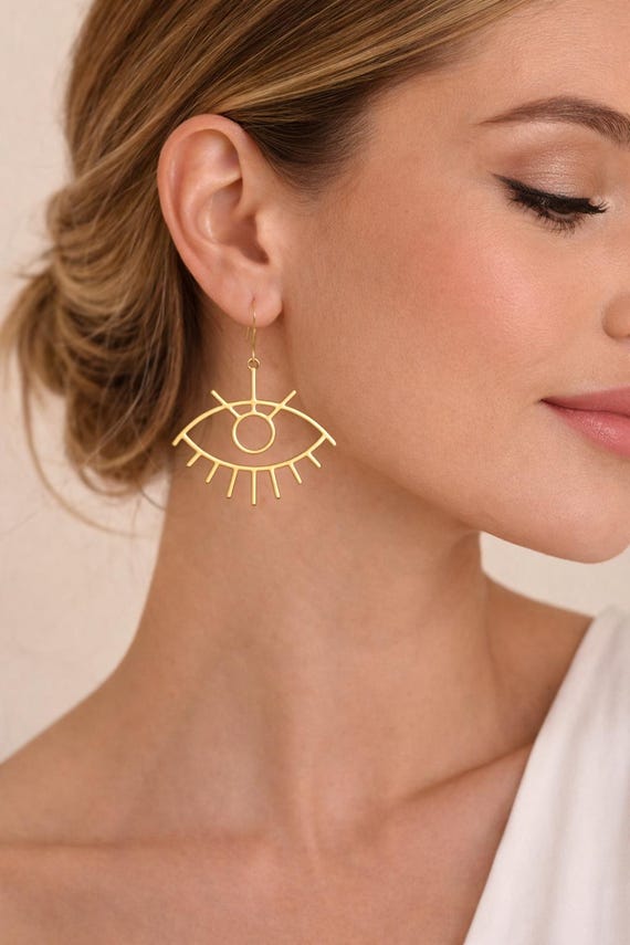 Gold Eye Dangle Earrings, Minimal Evil Eye Earrings, Handmade Gold Statement Earrings, Boho Jewelry Gift for Her