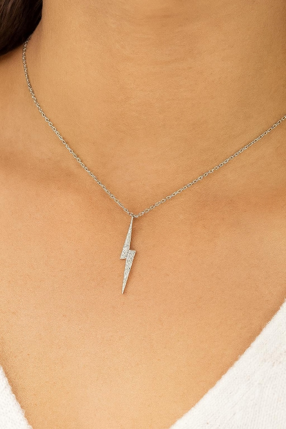Crystal Lightning Bolt Necklace, Silver Pendant Necklace, Dainty Layering Chain, Minimalist Jewelry Gift, Valentines Day Gift for Her