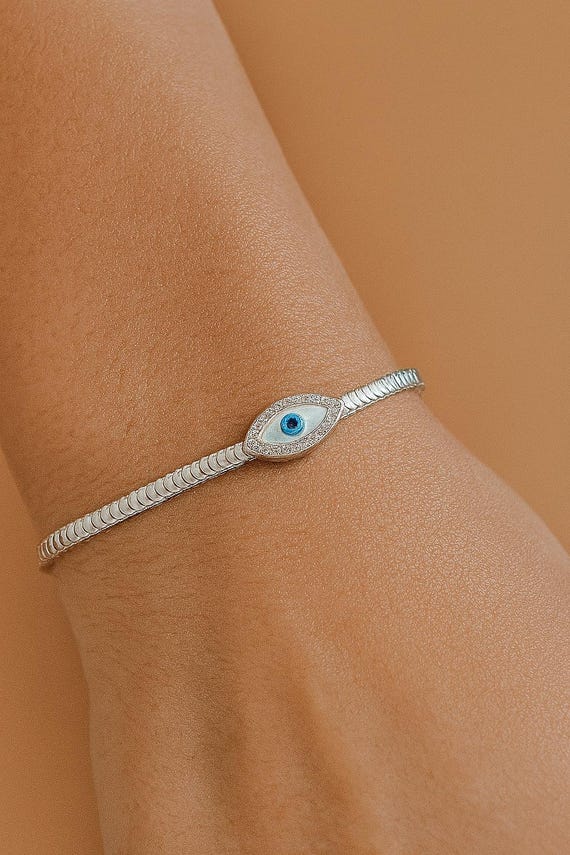Dainty Silver Evil Eye Bracelet, Adjustable Protection Jewelry, Valentines Day Gift for Her, Romantic Jewelry Gift, Trendy Minimal Jewelry