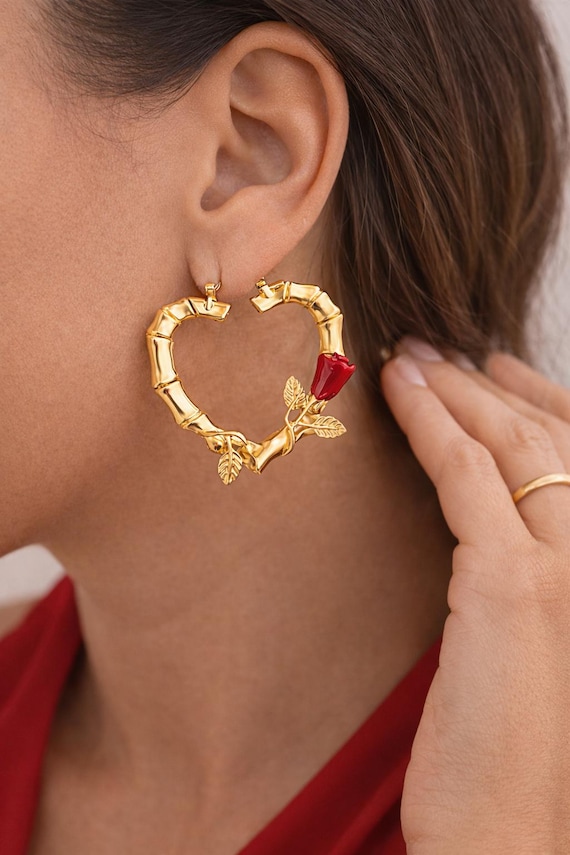 Gold Heart Hoop Earrings: Red Rose Accent, Y2K Vintage Style