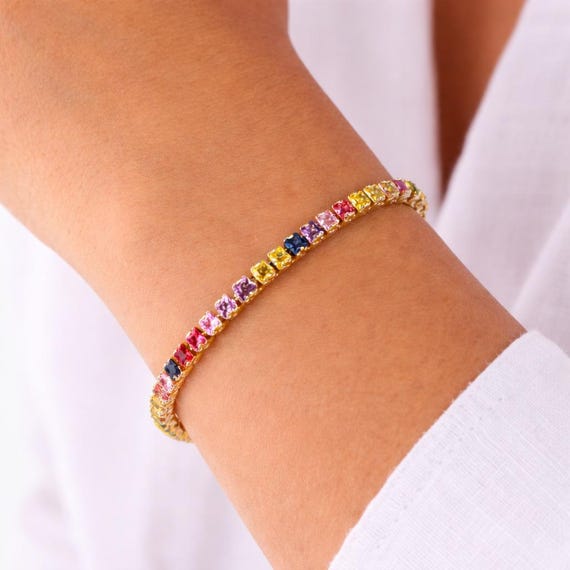 Gold Plated Rainbow Tennis Bracelet, CZ Diamond Bracelet, Valentines Day Gift for Her, Romantic Jewelry Gift, Trendy Minimal Jewelry