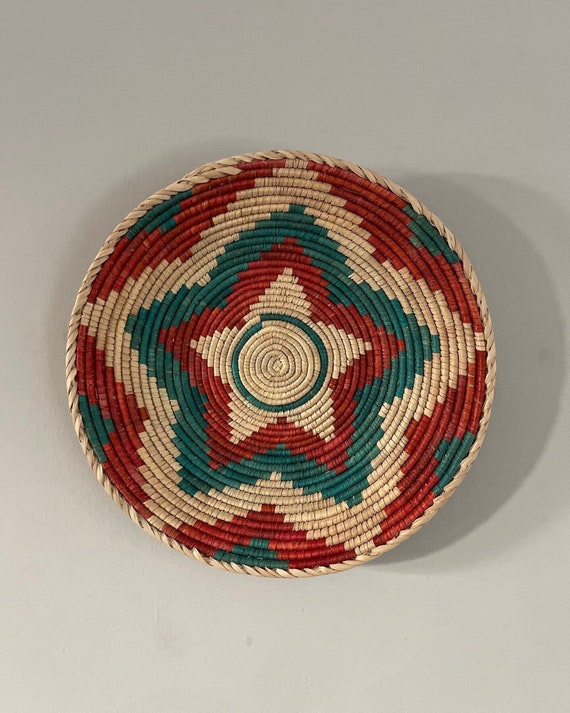 African Red Green Wall Basket, Woven Wall Basket Decor, Boho African Decor, Handmade Wall Art, Valentines Day Gift for Her, Woven Wall Art