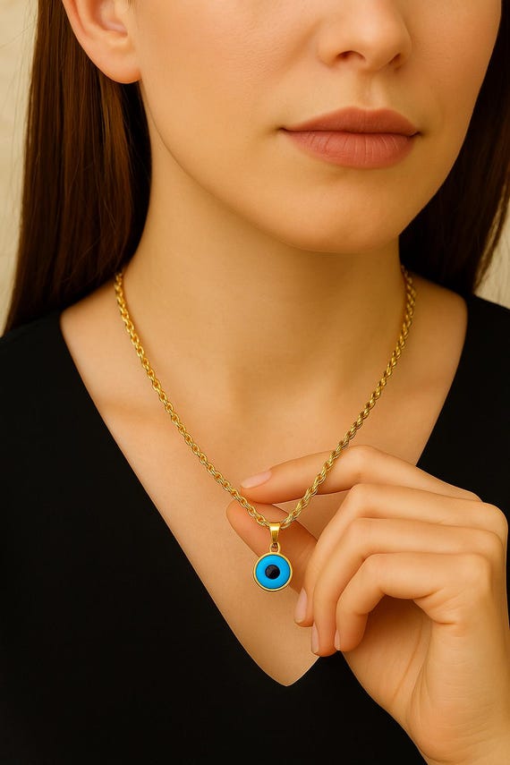 Sterling Gold Nazar Charm, Gold Pendant Necklace for Women, Minimal Everyday Jewelry, Romantic Gift Idea, Valentines Day Gift for Her