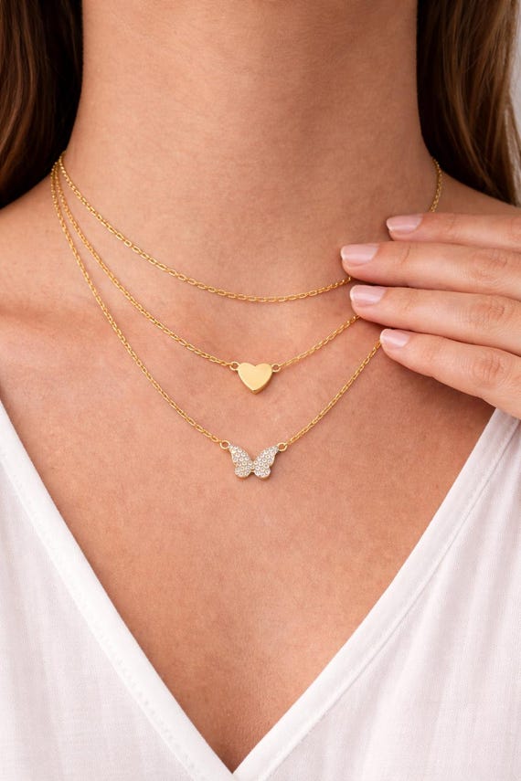 Layered Gold Necklace, Heart and Butterfly Necklace, Valentines Day Gift for Women, Dainty Layered Necklace, Romantic Jewelry, Gift for Her