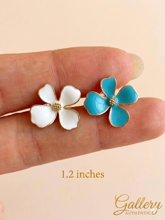 Enamel Flower Stud Earrings, White or Turquoise Floral Post, , Minimalist Gift for Her, Handmade Boho Jewelry, Mothers Day, Spring Jewelry