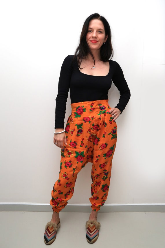Orange Floral Cotton Salwar Pants: Boho Ethnic Design