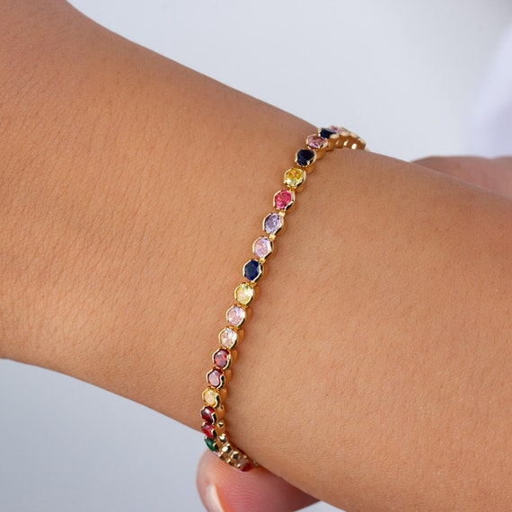 Handmade Rainbow Gemstone Bracelet, Adjustable Gold Plated Bezel Set, Valentines Day Gift for Her, Romantic Jewelry, Trendy Minimal Jewelry