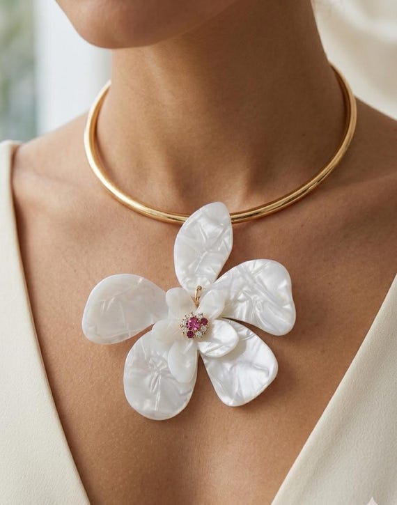 Large White Orchid Flower Statement Necklace, Bold Bridal Wedding Jewelry, Chunky Spring Bloom Gift Pearlescent Floral Gold Collar Choker