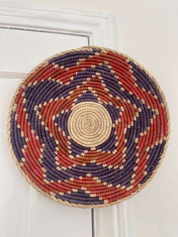 African Wall Basket, Purple Brown Boho Decor, Handmade Natural Wall Art, Valentines Day Home Gift, Valentines Day Home Decor, Woven Wall Art