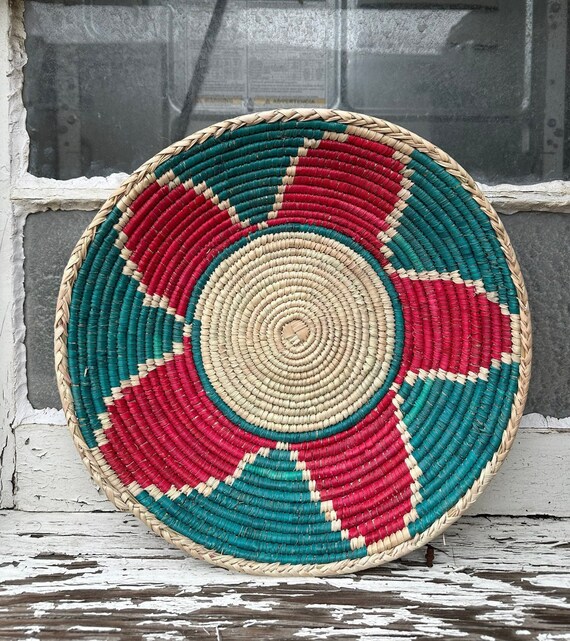 Handmade Floral Wall Basket, Green Red Boho Decor, Valentines Home Decor Basket, Handmade Wall Decor, Valentines day gift for her