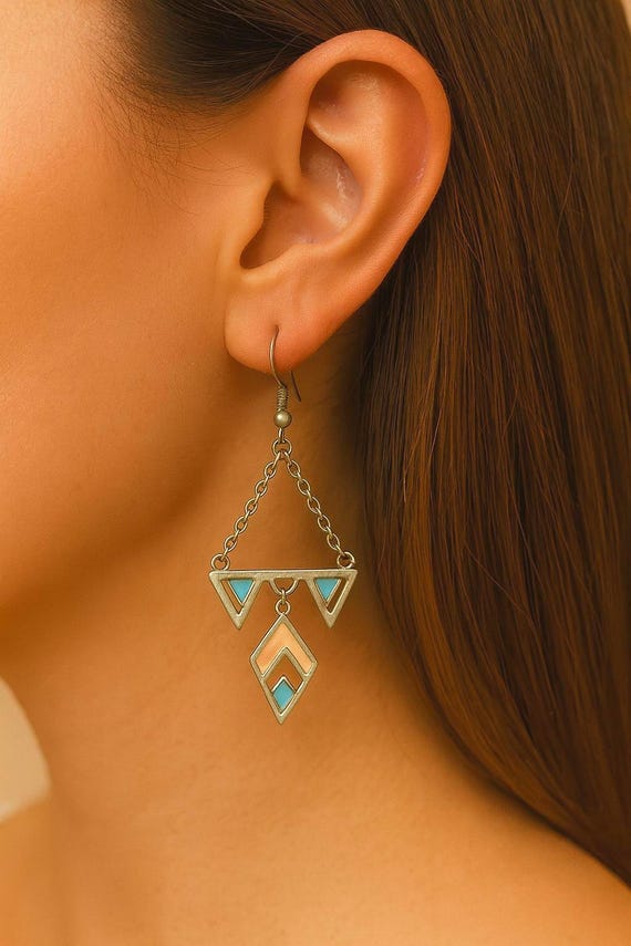 Silver Boho Dangle Earrings: Geometric Enamel Triangle Statement Jewelry
