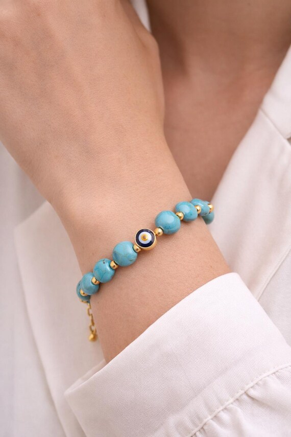 Turquoise Beaded Evil Eye Bracelet, Handmade Gold Accent Bracelet, Boho Summer Jewelry, Gift for Her, Jewelry Gift Ideas