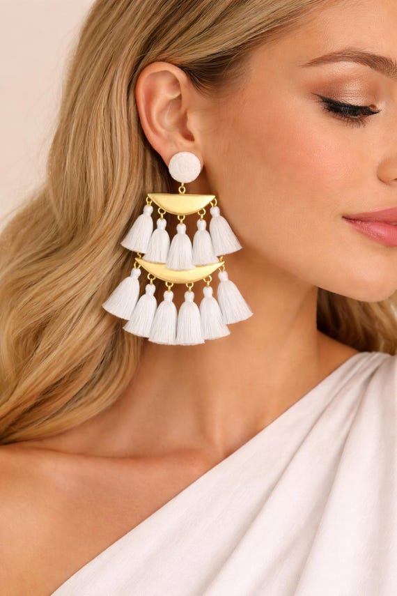 Boho Tassel Statement Earrings: Pink, Black & White Fringe, Gold-Tone