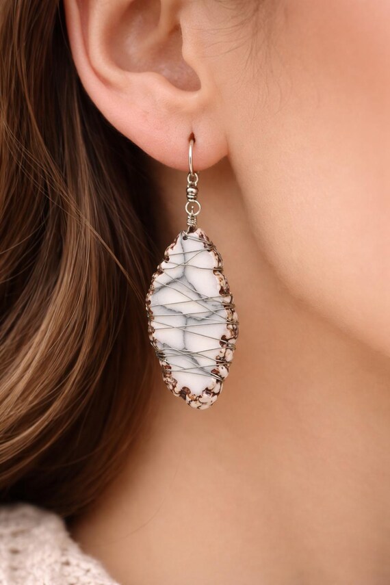 Handmade Wire Wrapped Howlite Earrings, White Natural Stone Drop Earrings, Boho Minimal Silver Dangle Jewelry