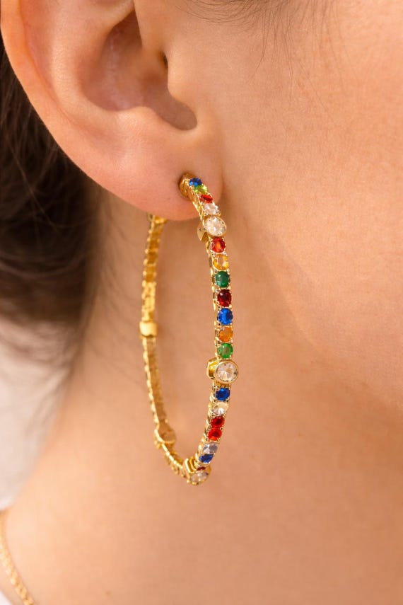 Rainbow Rhinestone Hoop Earrings, Handmade Gold Plated Crystal Jewelry, Unique Meaningful Jewelry, Jewelry Gift For Valentines Day, For her