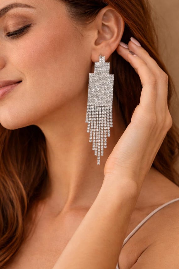 Silver Crystal Fringe Earrings for Women, Statement Drop Earrings, Glam Evening Jewelry, Valentines Day Gift for Her, Jewelry Gift For Mom