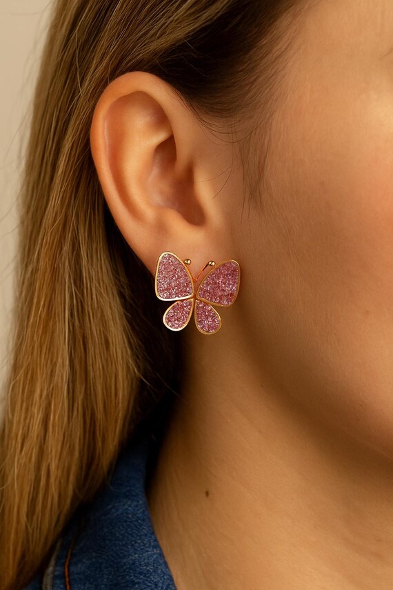 Pink Crystal Butterfly Earrings: Gold Stud Y2K Jewelry