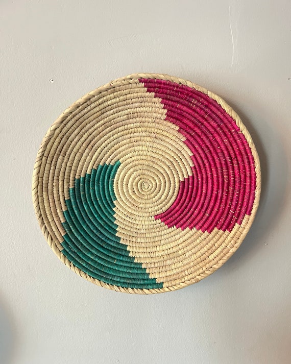Handmade Green Pink Woven Wall Basket, Wall Basket Decor, Woven Boho Wall Art, Natural Handmade Home Decor, Valentines Day Home Gift