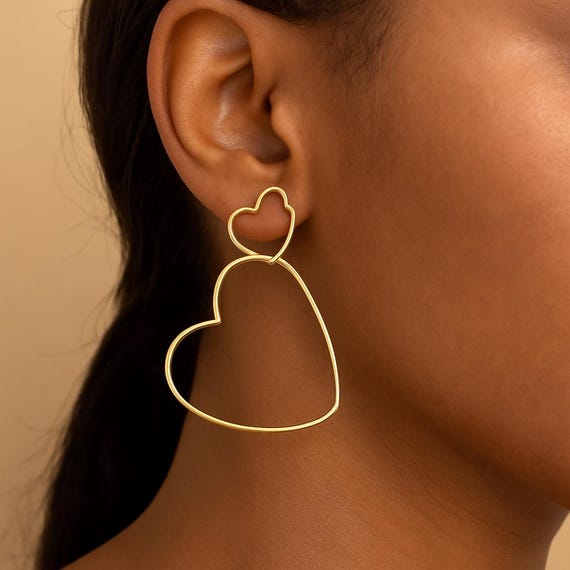 Gold Double Heart Earrings, Fashion Jewelry
