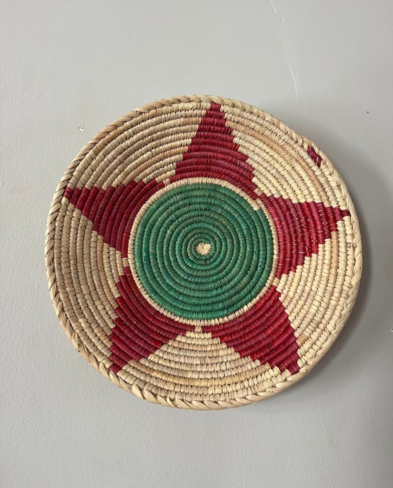 Red Green Boho Decor, Handwoven Wall Basket Decor, Boho Woven Wall Art, Natural Home Decor, Rustic Wall Hanging, Valentines Day Gift for Her