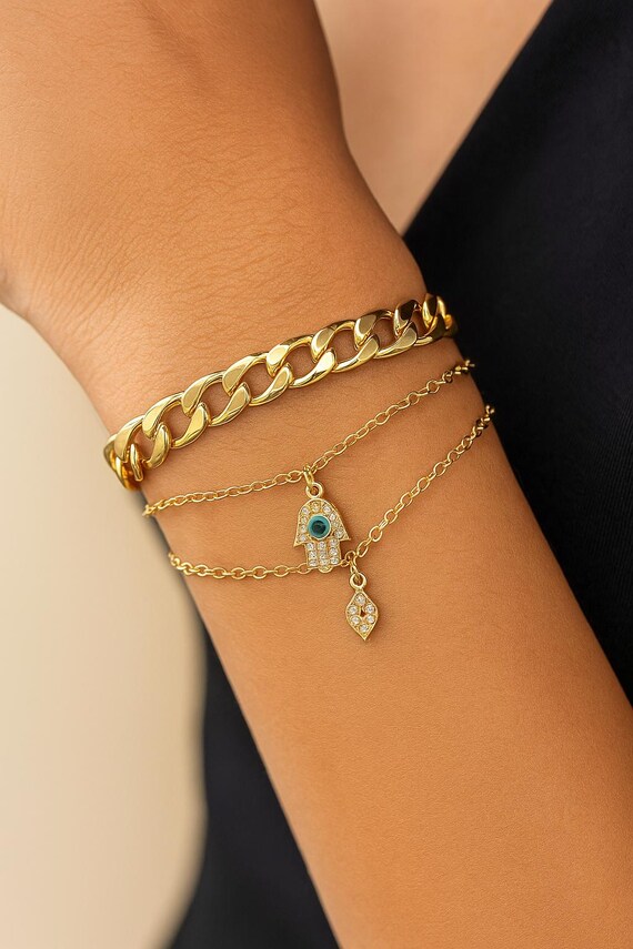 Gold Layered Bracelet Set: Evil Eye Hamsa Charm, Cuban Link, Jewelry Gift Ideas, Valentines Day Gift for Her, Trendy Minimal Jewelry