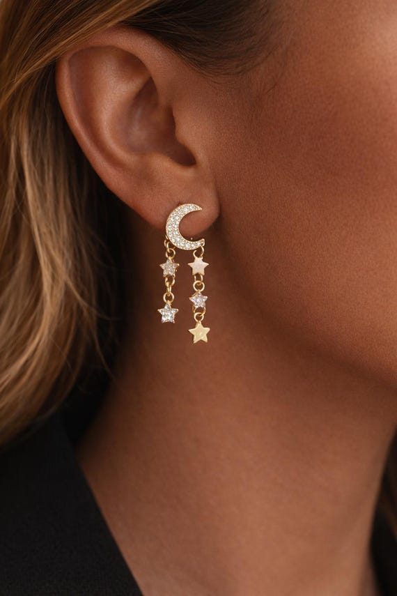 Rhinestone Moon Star Dangle Earrings, Unique Meaningful Jewelry, Jewelry Gift For Valentines Day, Valentines day gift for her, Gift for Mom