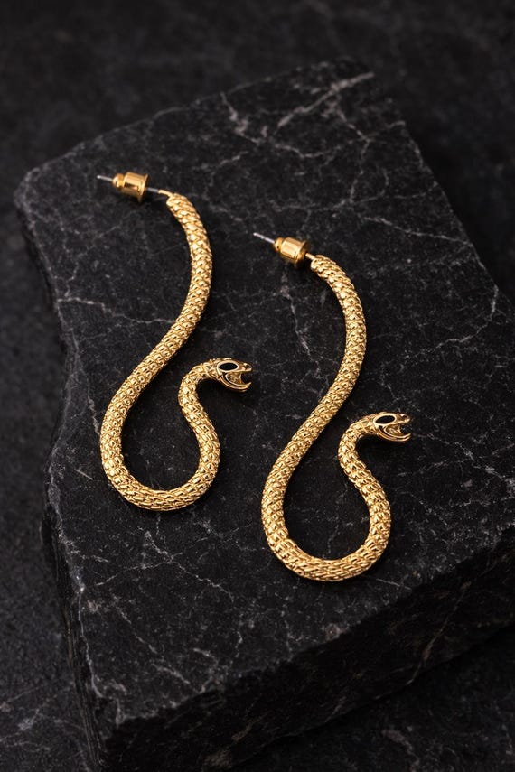 Gold Snake Earrings, Statement Snake Hoop Earrings, Bold Gold Serpent Earrings, Gothic Jewelry, Fashion Earrings for Women