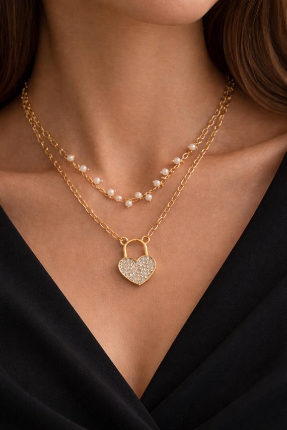Layered Pearl Heart Lock Necklace, Gold Chain Pearl Necklace, Romantic Jewelry Gift for Her, Valentine Style Necklace, Gift for Her