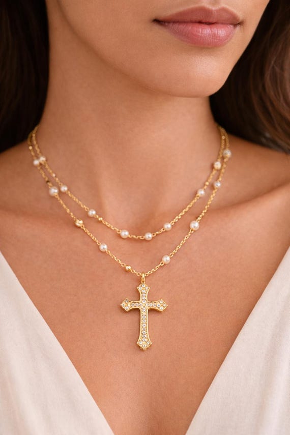 Gold Cross Necklace, Silver Cross Necklace, Layered Necklace, Valentines Day Gift, Religious Jewelry, Adjustable Necklace, Gift for Her