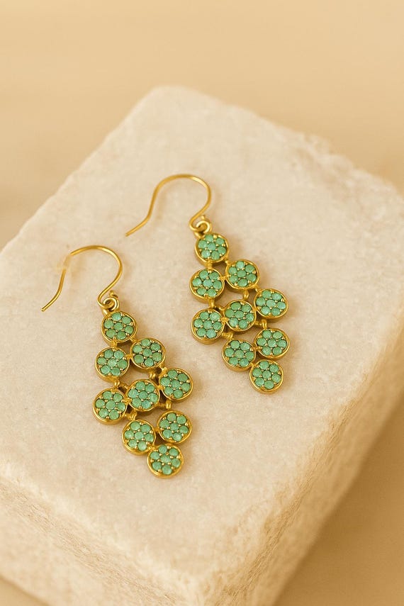 Gold Turquoise Cluster Dangle Earrings • Vintage Boho Style