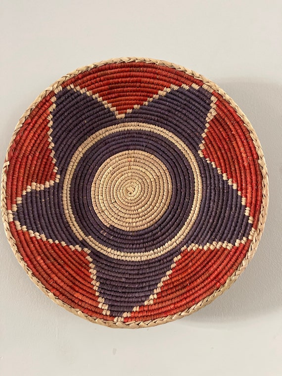 Handmade Red Blue Woven Wall Basket, Handmade Natural Wall Art, Valentines Day Home Gift, Valentines Day Home Decor, Woven Wall Art