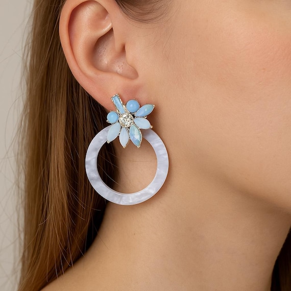 Pastel Flower Hoop Earrings: Rhinestone Acrylic Statement Jewelry