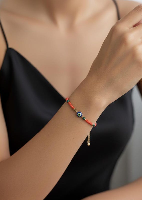 Orange Seed Bead Bracelet Evil Eye, Summer Jewelry for Women, Protection Charm Bracelet, Dainty Colorful Stacking Bracelet, Gift for Her