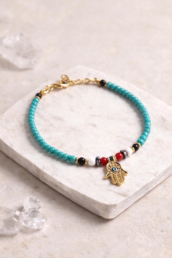 Turquoise Evil Eye Bracelet, Handmade Hamsa Charm Bracelet, Protective Boho Beaded Bracelet, Minimal Everyday Jewelry, Jewelry Gift Ideas