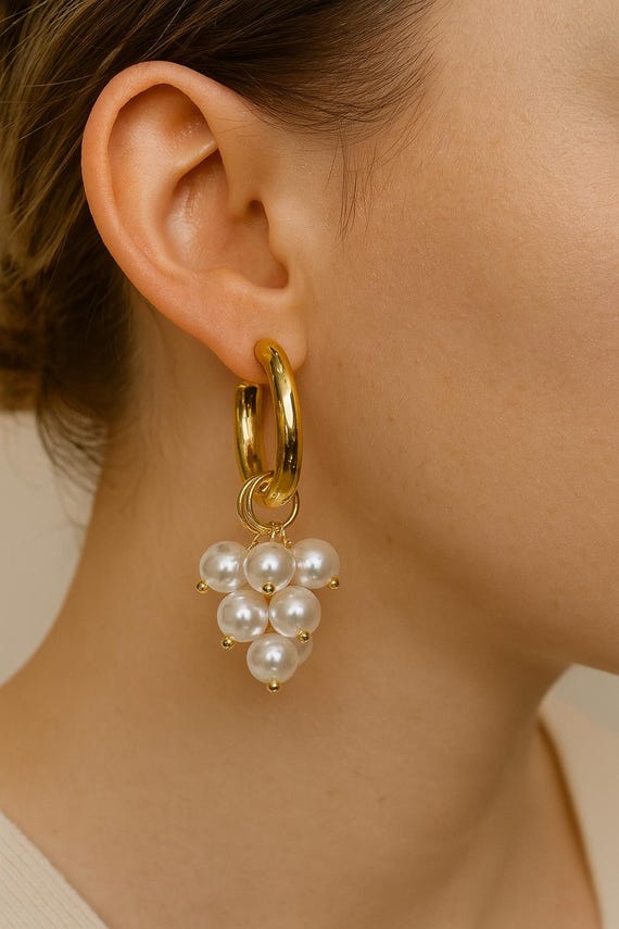 Gold Pearl Cluster Earrings: C Shape Boho Dangle Studs