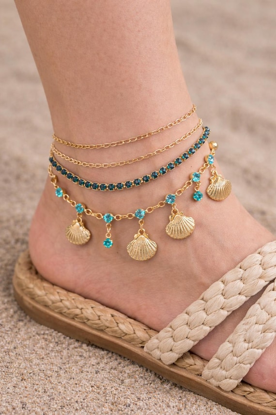 Gold Layered Anklet Set, Shell Charm Anklet, Turquoise Crystal Anklet, Beach Jewelry, Valentines Day Gift, Adjustable Anklet for Women